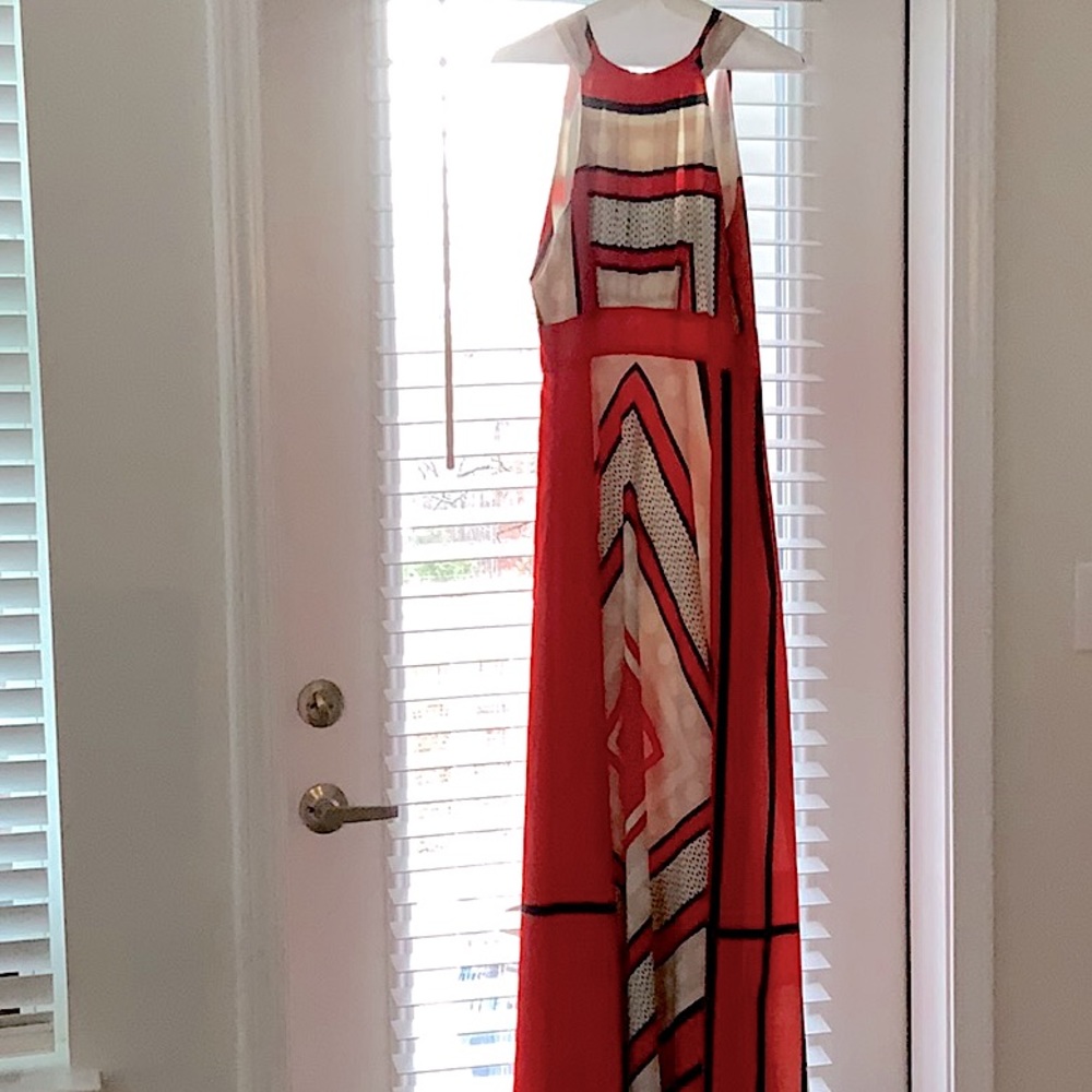 Eliza J scarf print maxi length tie back high neckline, 12 P gently worn gem.